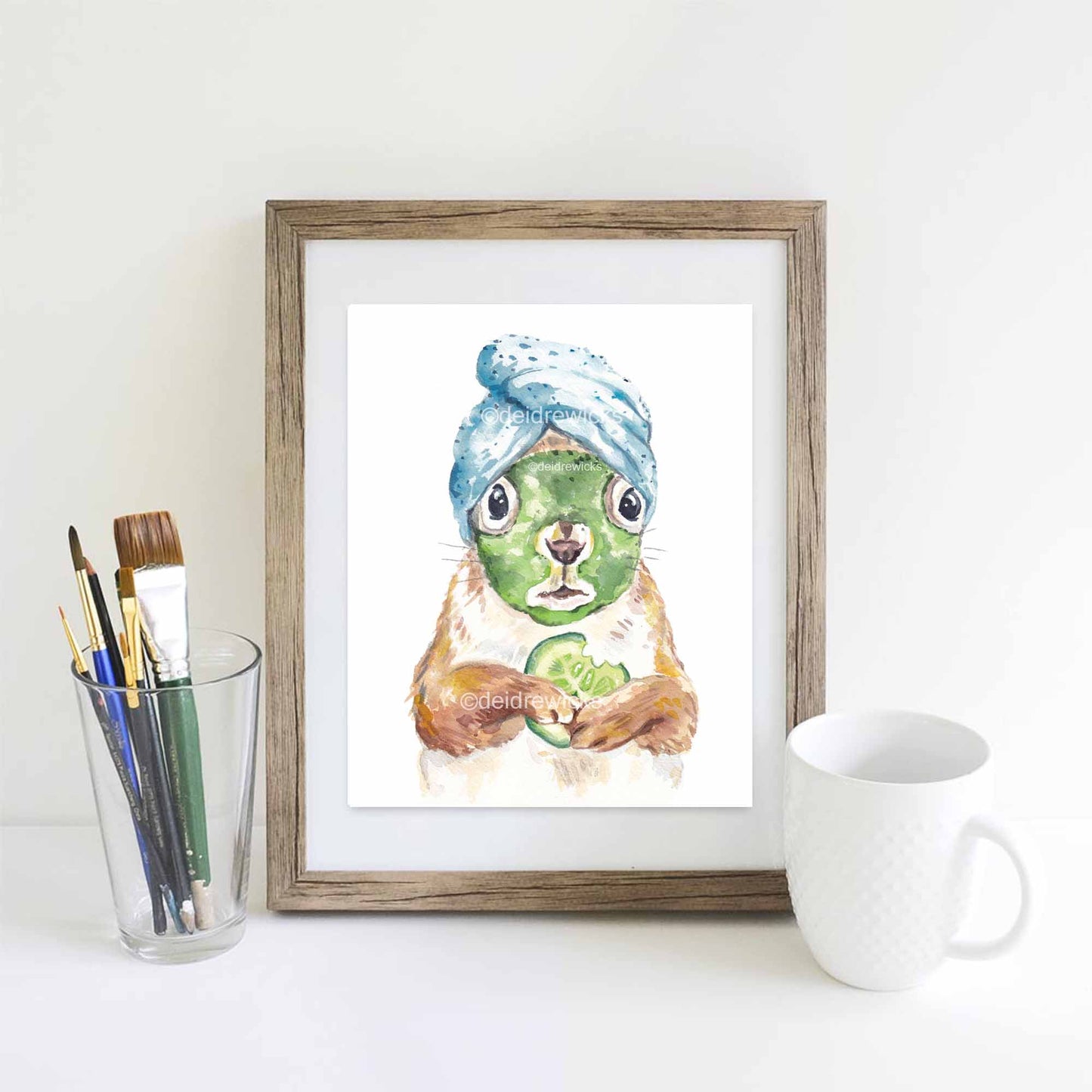 Framed example of a squirrel at the spa watercolour painting by Deidre Wicks