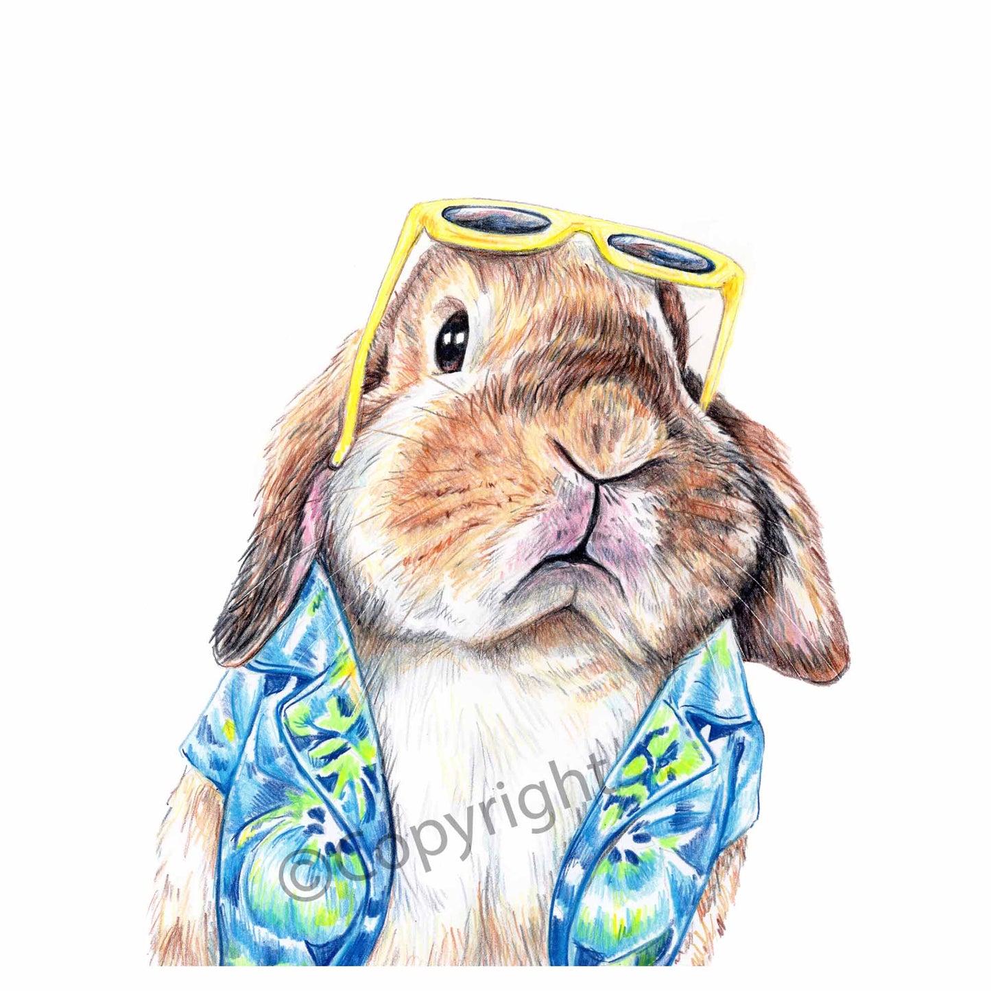 Print of drawing of a lop eared bunny rabbit wearing a Hawaiian shirt. Original crayon pastel drawing by Deidre Wicks