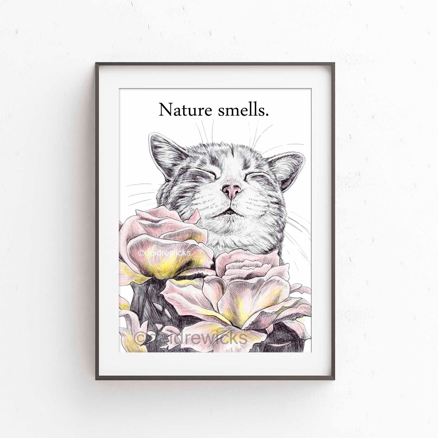 Framed example of a ballpoint pen drawing of a tabby cat smelling pink and yellow tiffany roses. Art by Deidre Wicks
