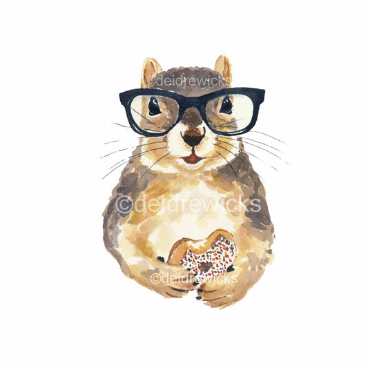 Watercolour painting of a hipster squirrel holding a donut