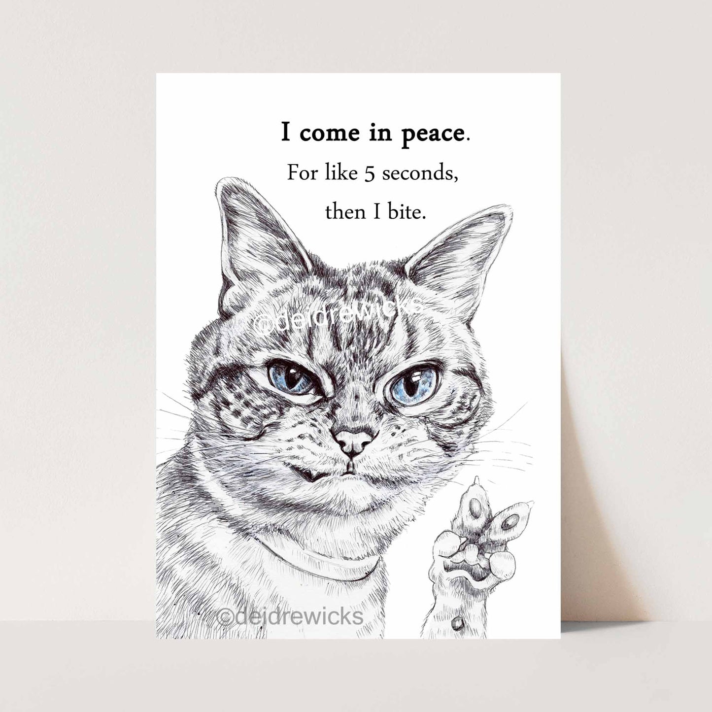 Ballpoint Pen drawing of a Persian cat grinning and showing the peace sigh with his paw. By Deidre Wicks