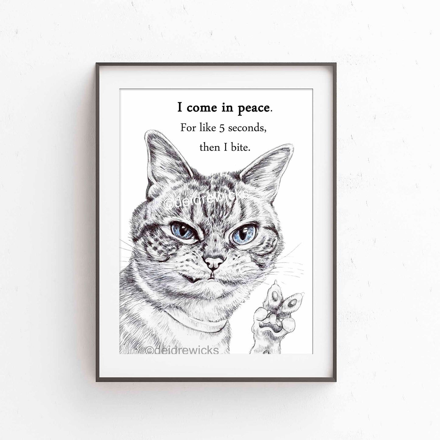 Ballpoint Pen drawing of a Persian cat grinning and showing the peace sigh with his paw. By Deidre Wicks