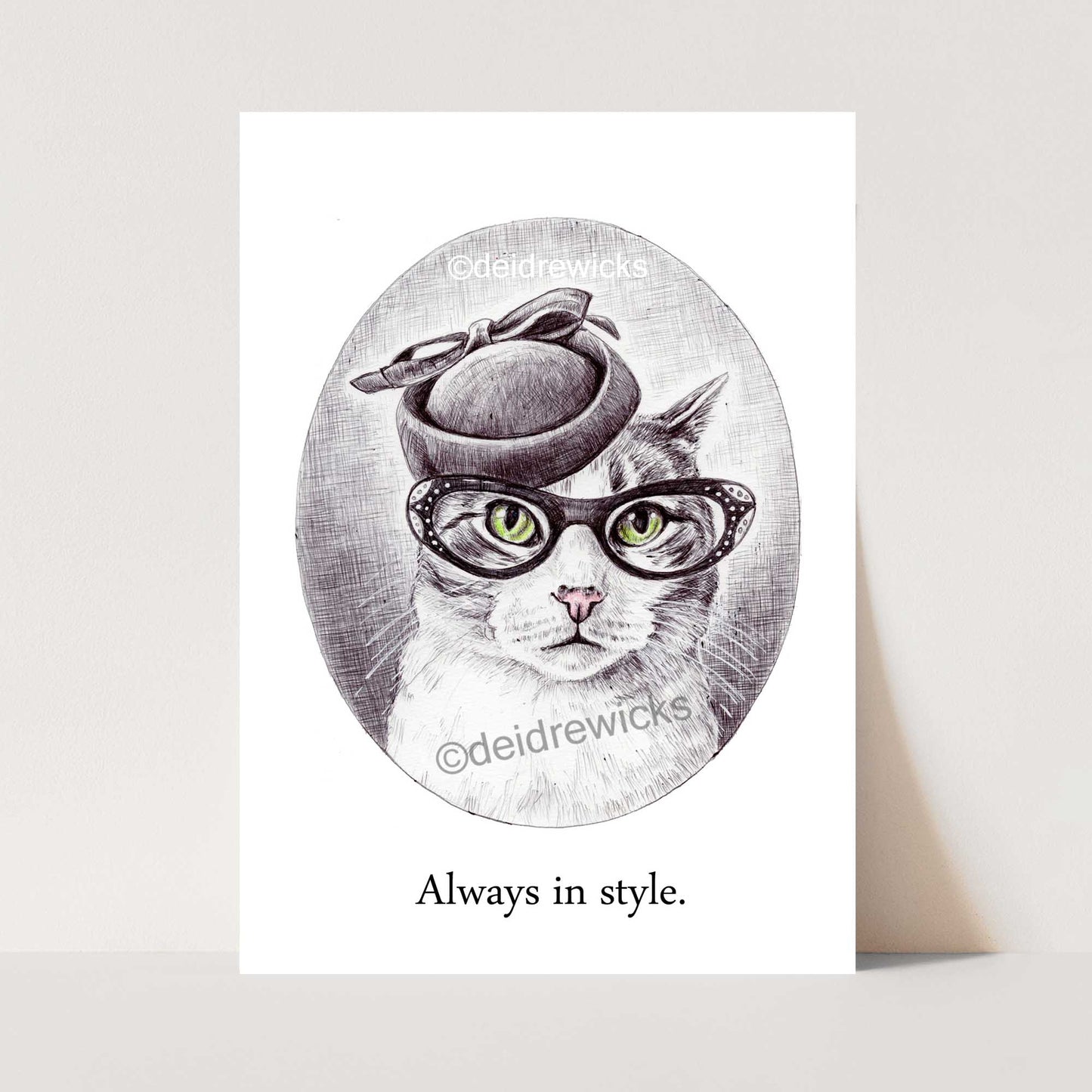 Ink drawing of a tabby cat with great vintage style. Original pen art by Deidre Wicks