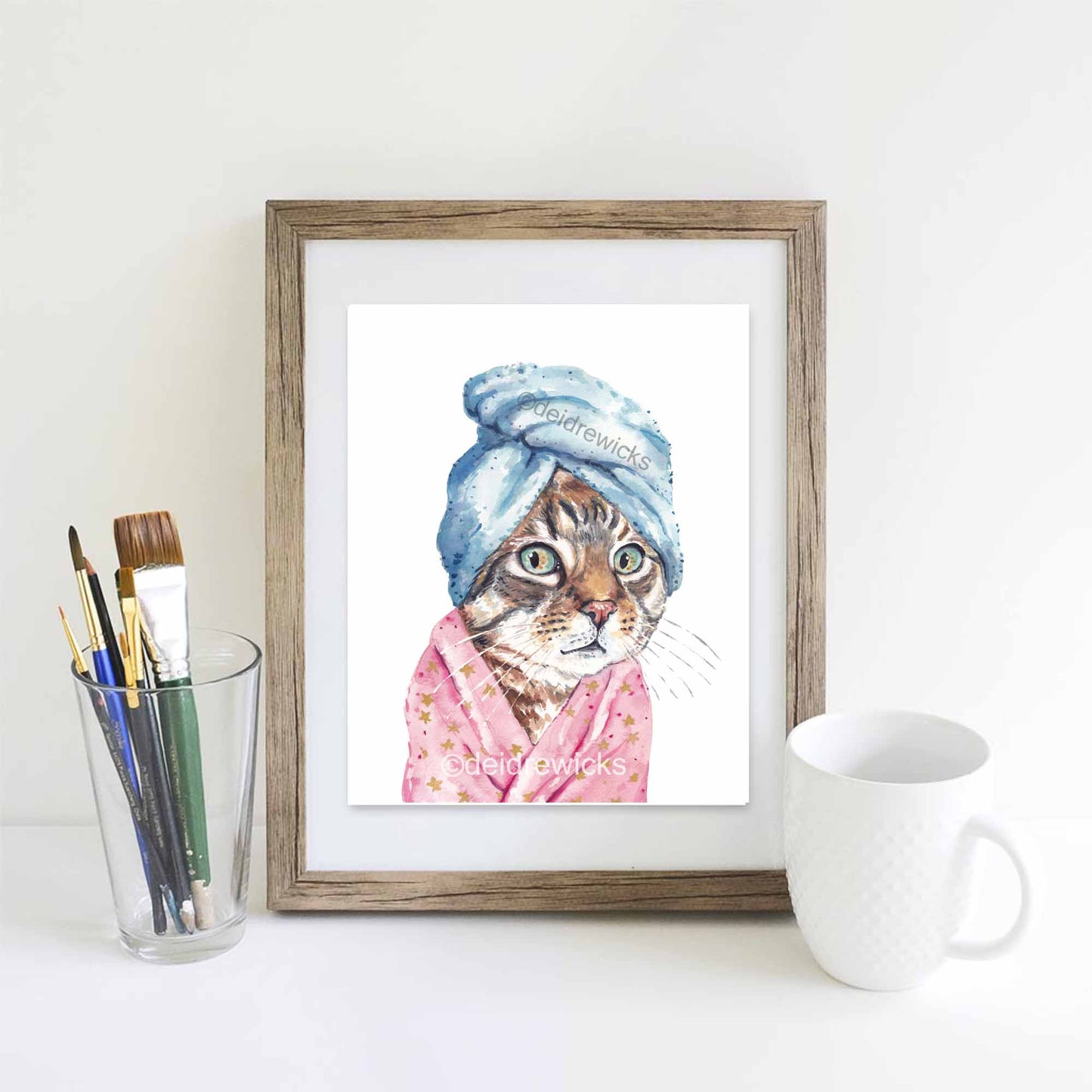 Framed cat watercolor print by Deidre Wicks