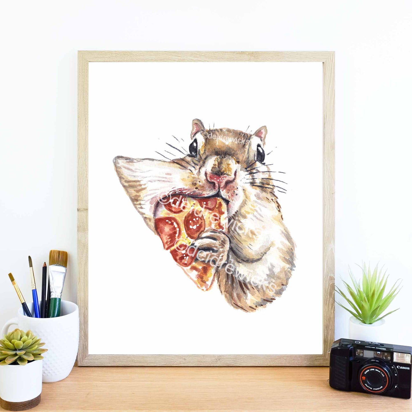 Pizza squirrel watercolour painting fine art print by Deidre Wicks
