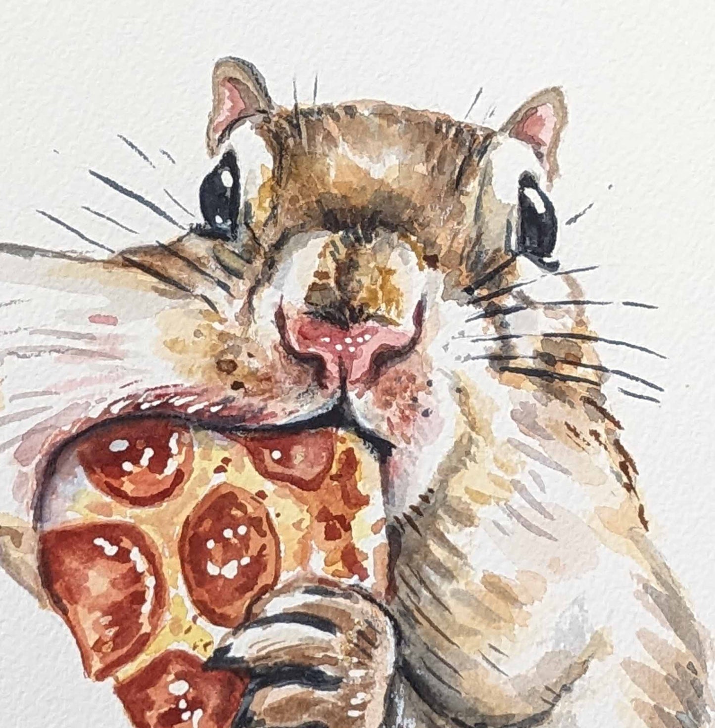 Original watercolour painting of a squirrel stuffing a slice of pizza in it's mouth. Art by Deidre Wicks