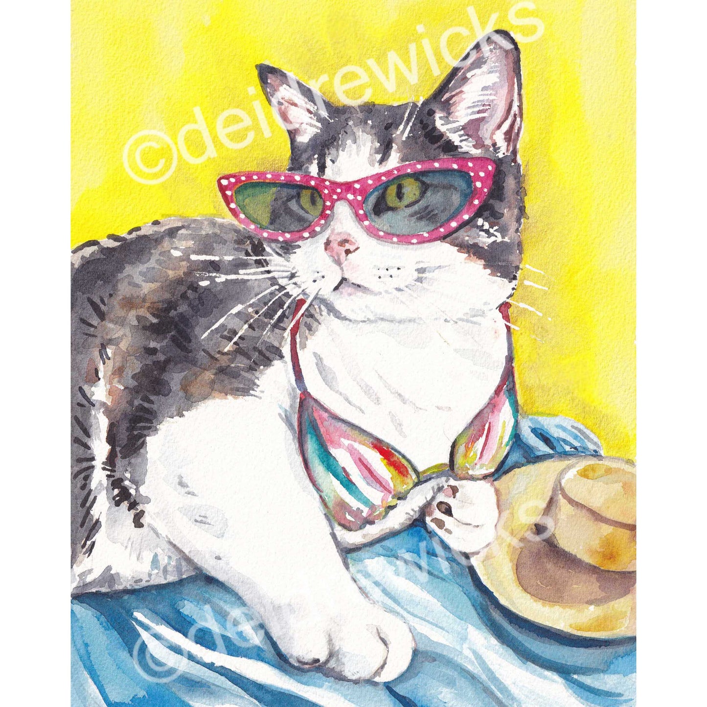 Watercolour of my grey tabby cat Mitzi lying on a beach towel in the sun