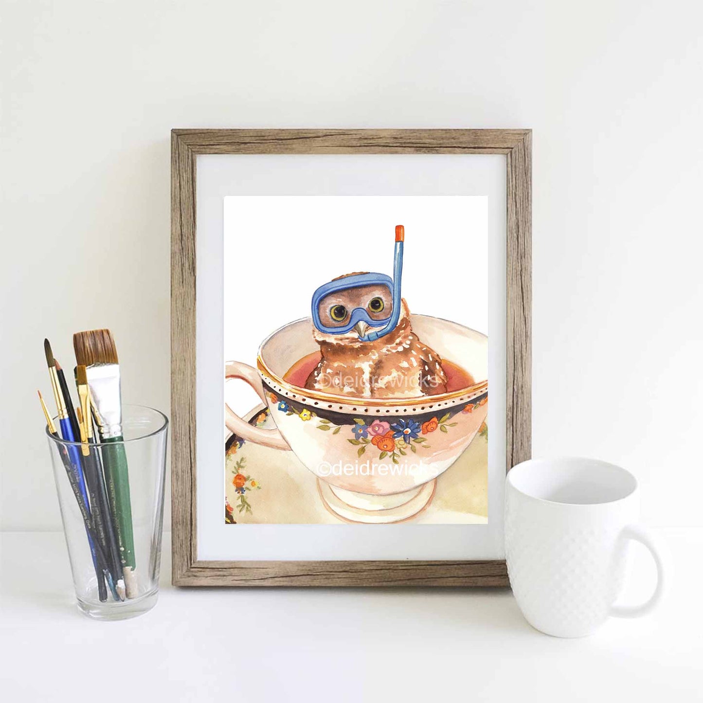 Example of how to frame an owl watercolour painting print by Deidre Wicks