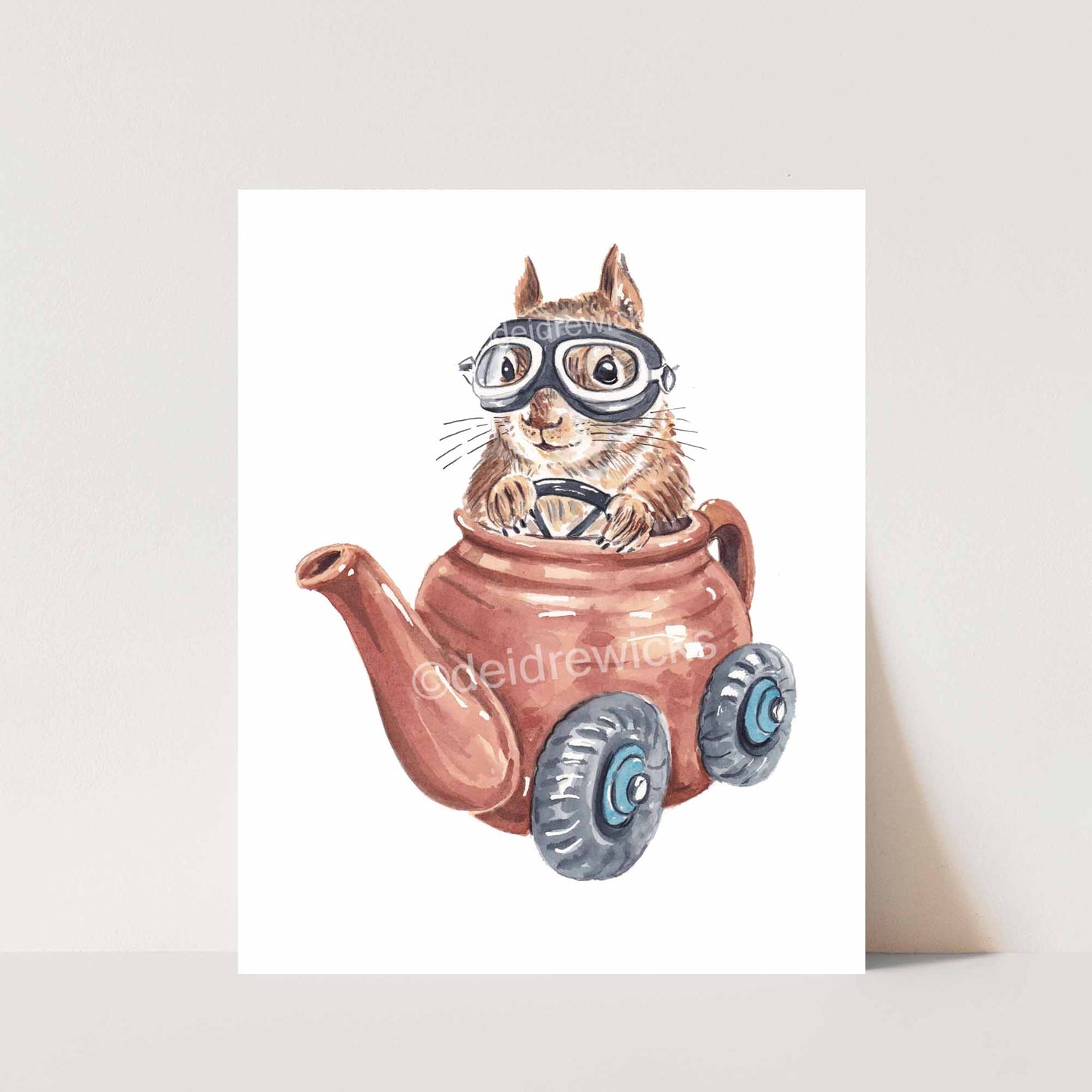 watercolour print of a red squirrel driving