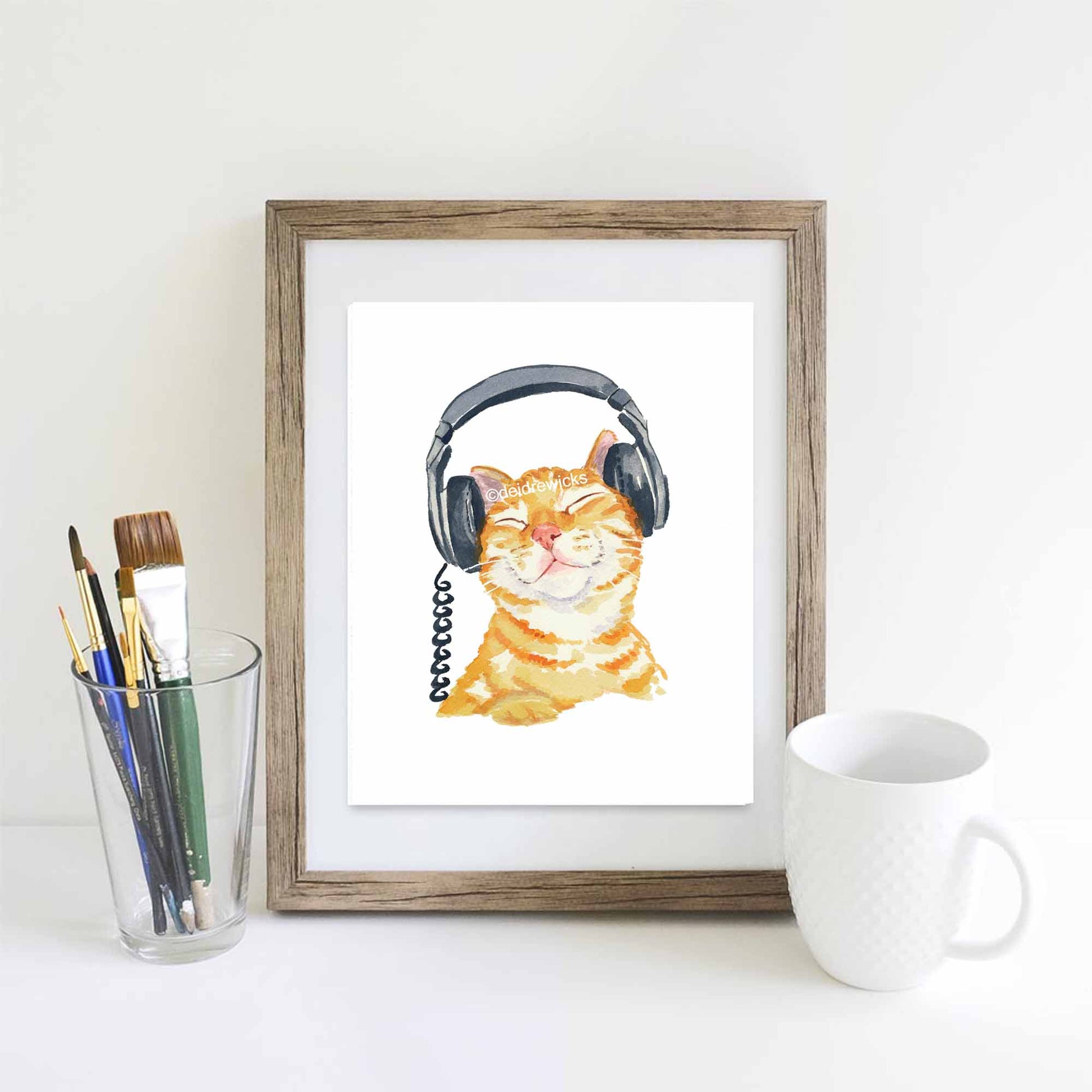 Example of how to frame an orange tabby cat watercolour print by artist Deidre Wicks
