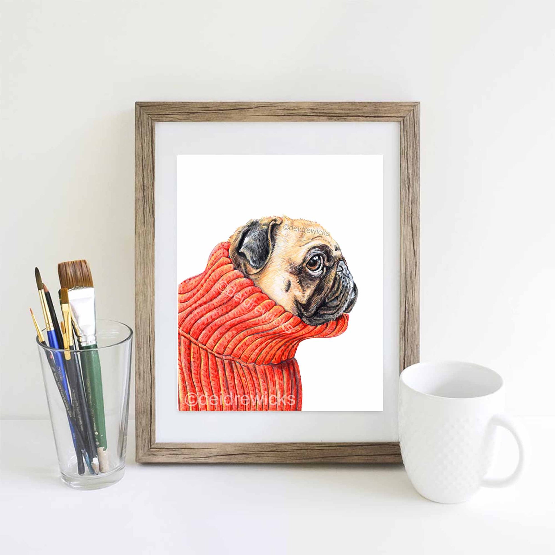 Coloured pencil drawing of a pug dog in profile wearing a red turtleneck sweater by Deidre Wicks