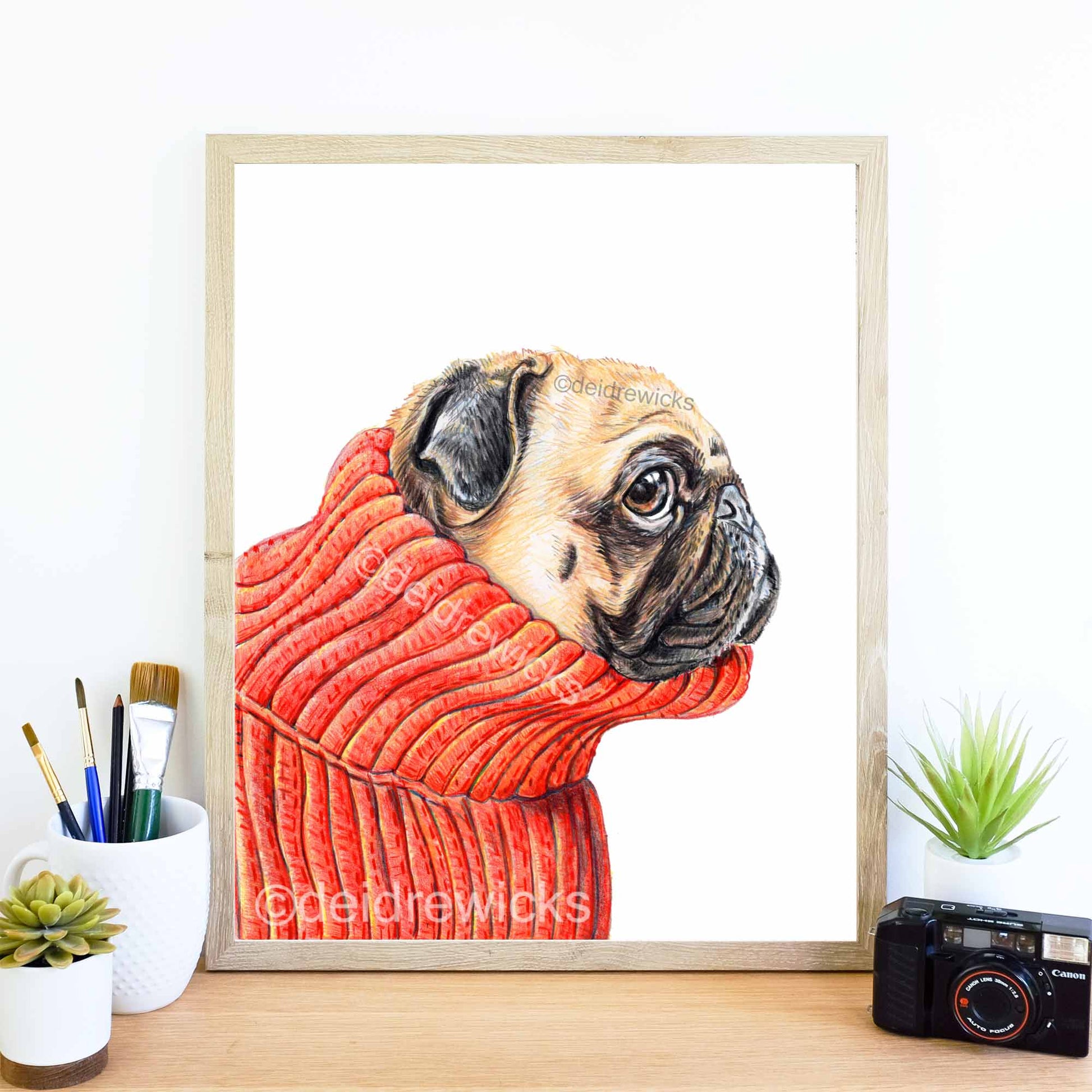 Coloured pencil drawing of a pug dog in profile wearing a red turtleneck sweater by Deidre Wicks