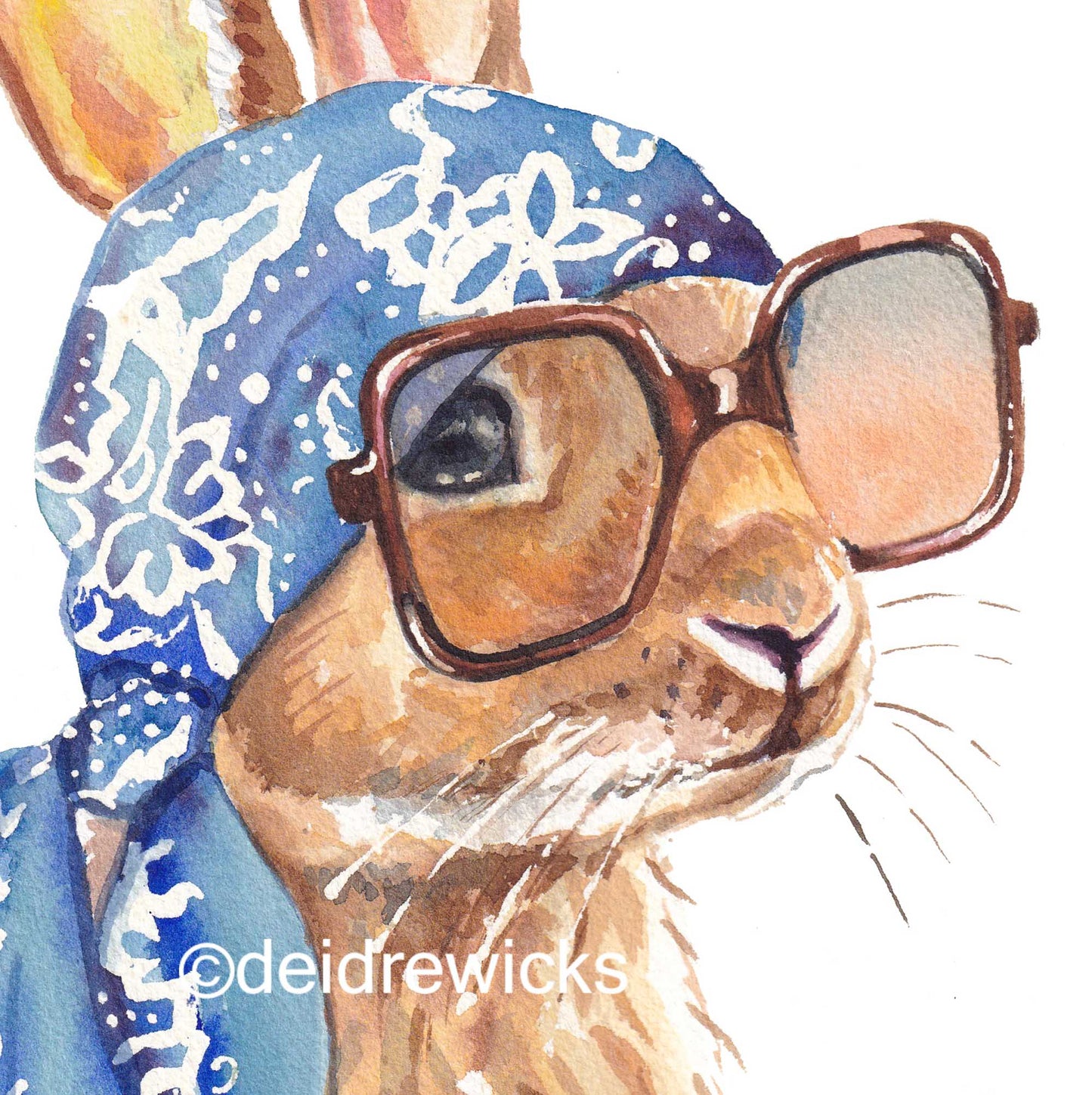 Close up of a watercolour painting of a brown bunny rabbit wearing a vintage scarf and big sunglasses. Art by Deidre Wicks