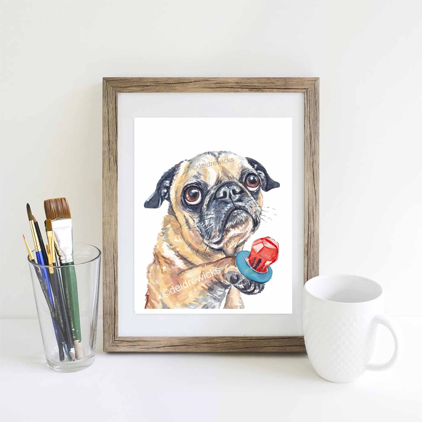 Suggested frame for a pug dog watercolour print by artist Deidre Wicks