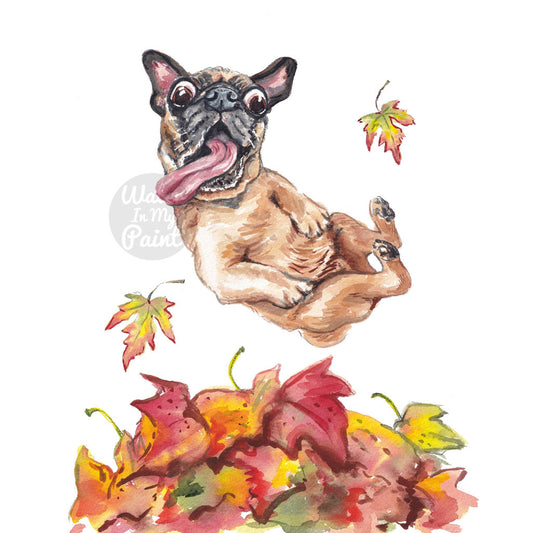 Watercolour painting of a pug dog happily jumping into Autumn leaves
