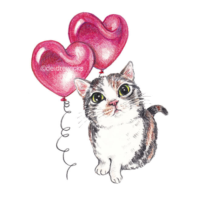 A crayon drawing of a calico cat with two heart shaped balloons