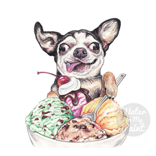 Illustration of a chihuahua suffering from brain freeze while eating a huge bowl of ice cream