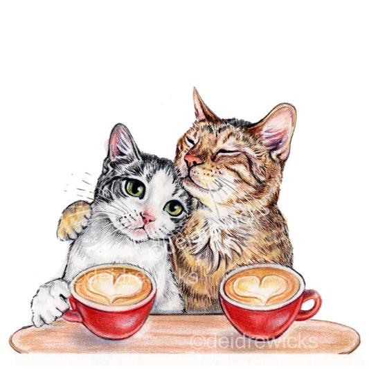 Coloured pencil drawing of 2 cats who are deeply in love