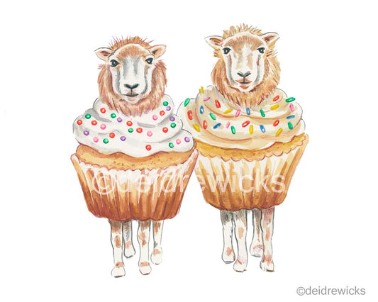 Watercolour painting of 2 lambs dressed as vanilla cupcakes