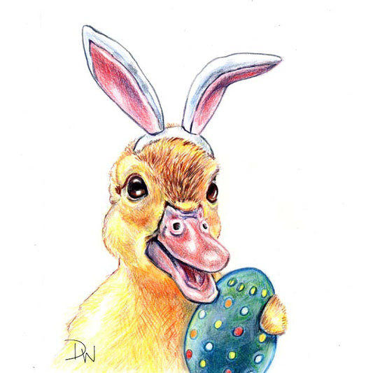 A coloured pencil drawing of a duckling dressed like the Easter bunny and holding a painted egg