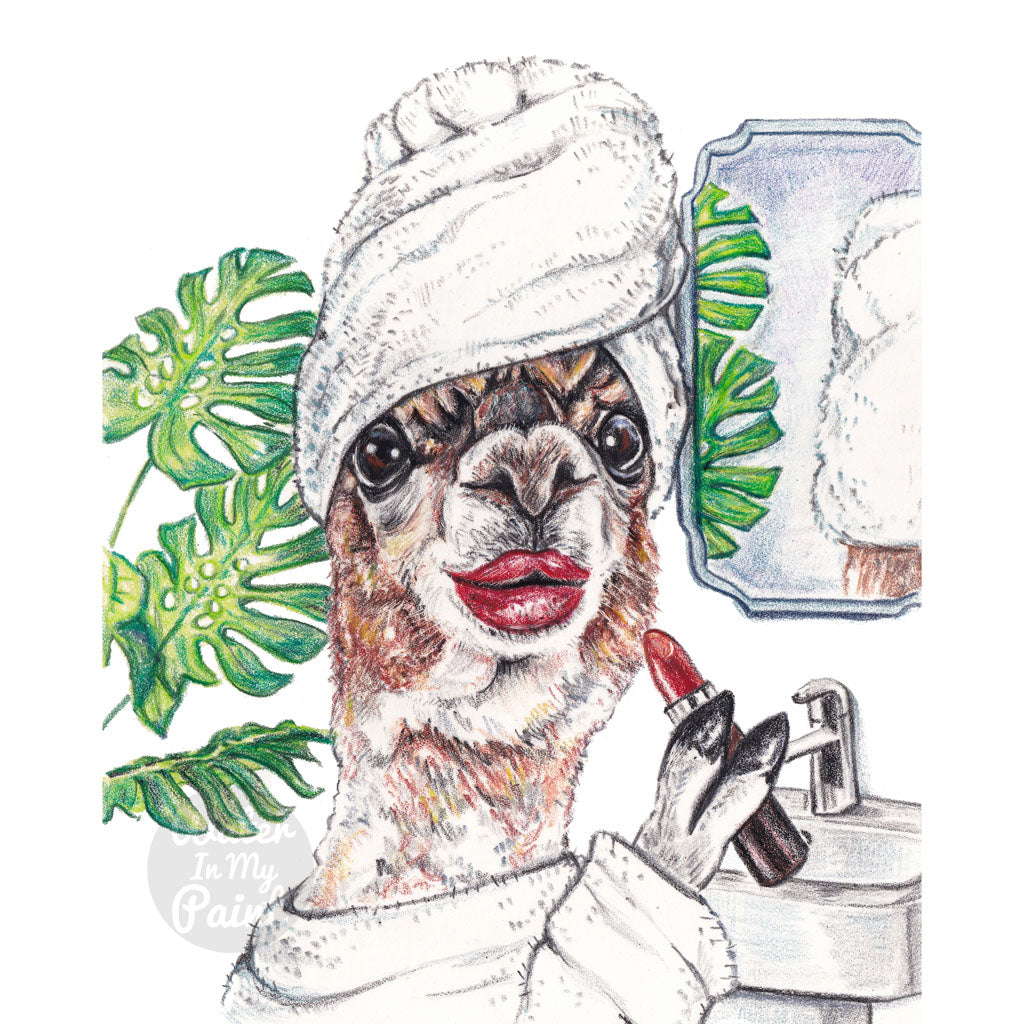 Crayon drawing of a llama applying red lipstick with a towel on her head