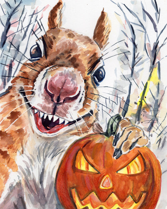 Watercolour drawing of a scary evil squirrel with pointy teeth holding a jack-o-lantern in a forest