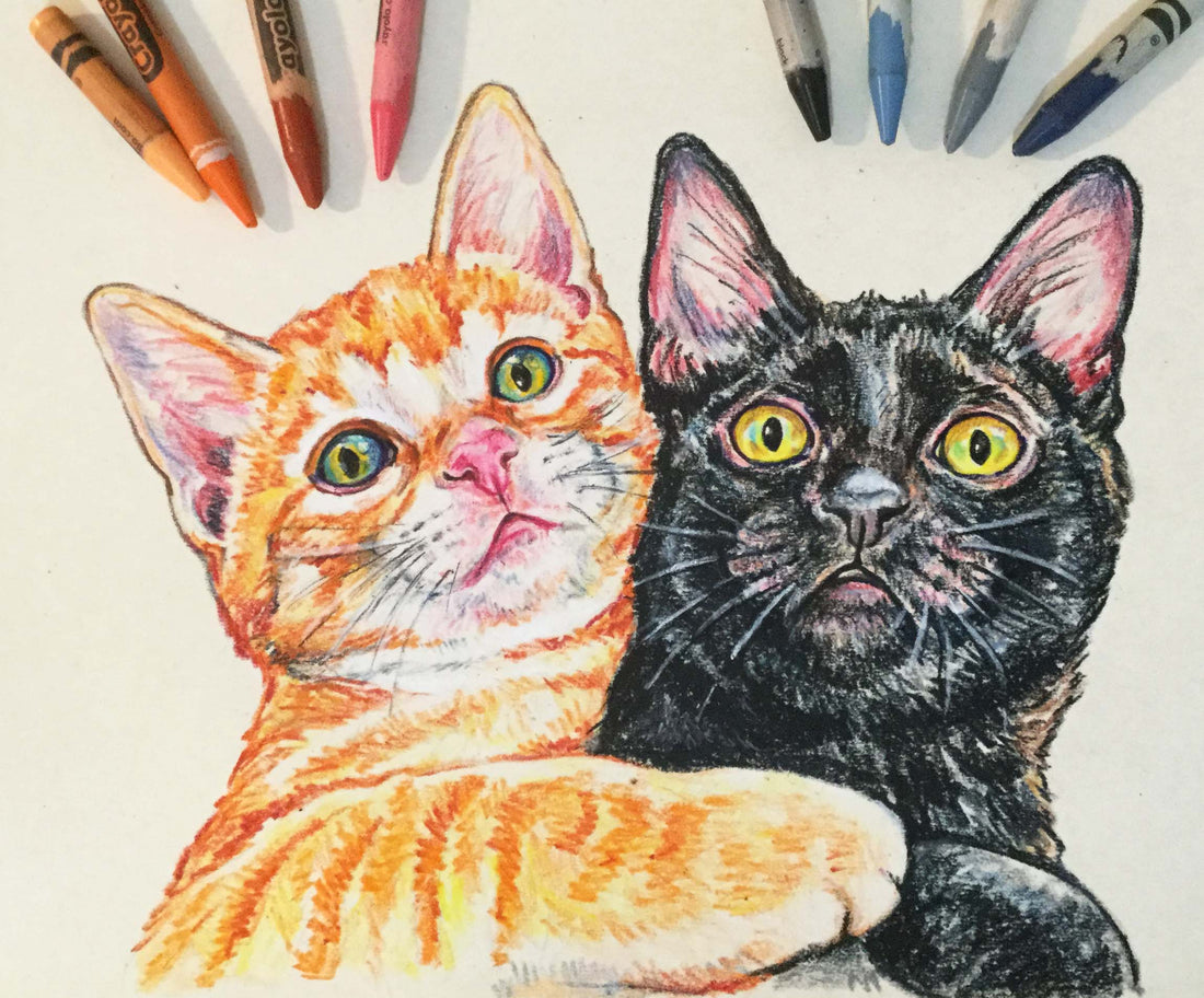 Crayon drawing of an Orange tabby and black cat. Beware my little scaredy cats, it's Halloween season!