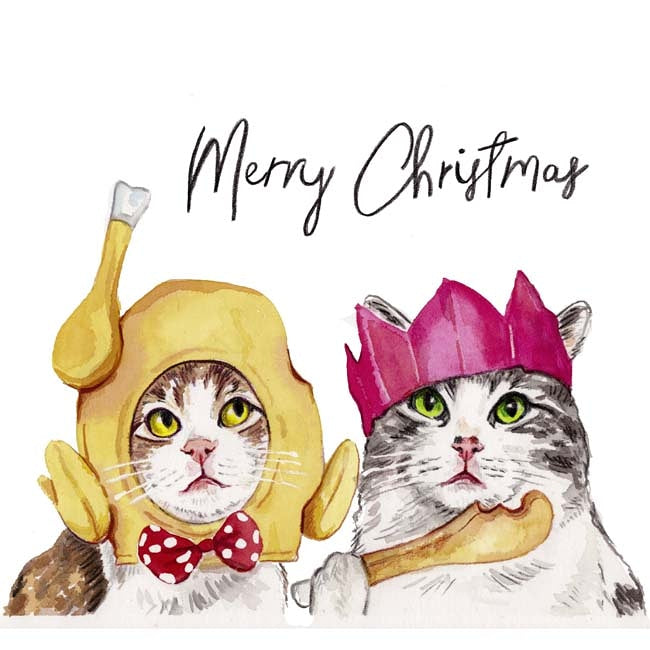Christmas watercolour painting of two tabby cats, one wearing a turkey hat and the other a paper crown