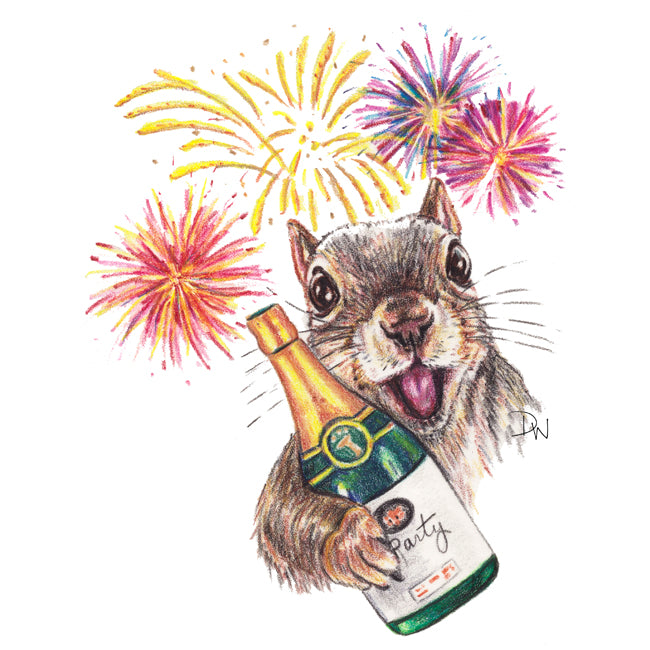 Crayon drawing by Water In My Paint of an excited squirrel holding a champagne bottle and welcoming the New Year