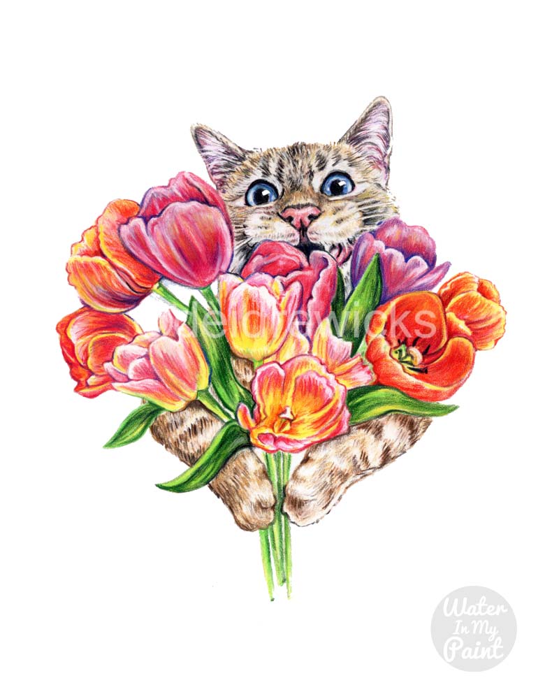 Coloured pencil drawing of a happy tabby cat holding a bunch of colourful tulips. It's Spring!