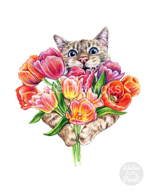 Coloured pencil drawing of a happy tabby cat holding a bunch of colourful tulips. It's Spring!