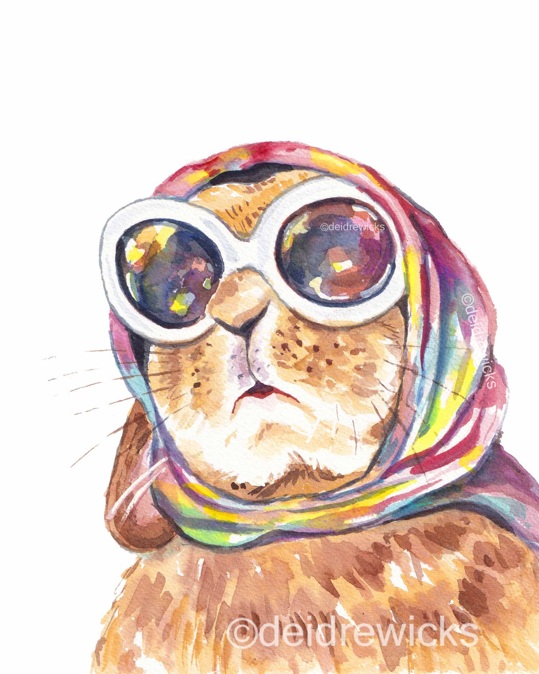 Watercolour painting of a lop eared rabbit wearing a vintage scarf and sunglasses. She's ready for a beach vacation!