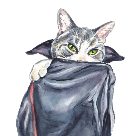 Watercolour painting of a grey tabby cat dressed as a vampire.