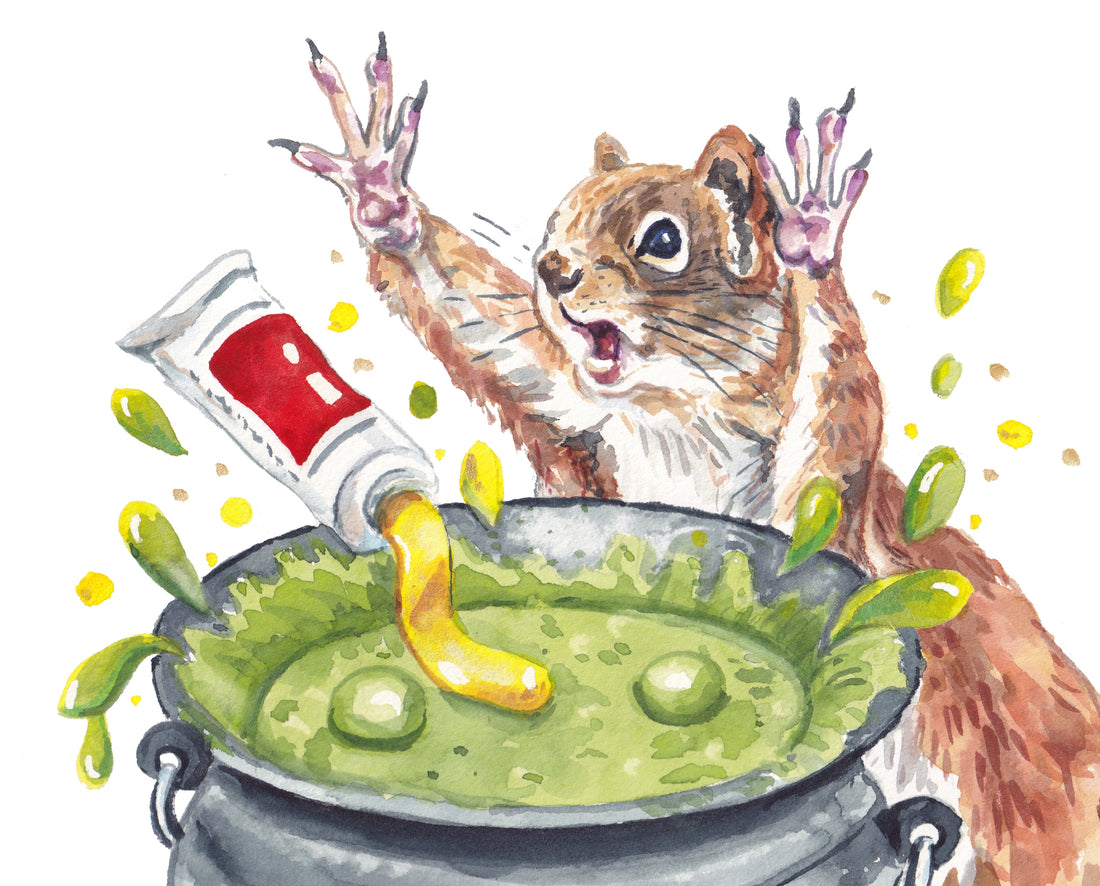 Watercolour painting of a magic squirrel creating a cauldron of spells. Art by Deidre Wicks