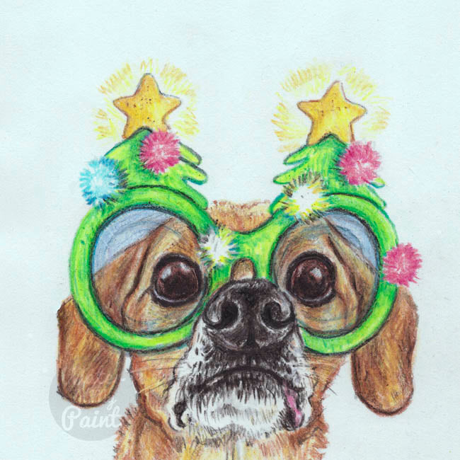 Crayon drawing of a chiweenie dog wearing a pair of Christmas tree shaped novelty glasses