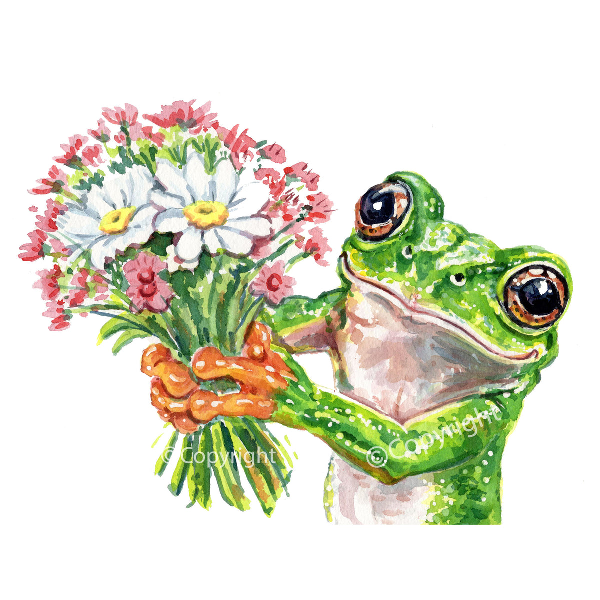 Watercolor-style illustration of a green tree frog holding a bouquet of white daisies, pink flowers, and green stems on a plain white background.