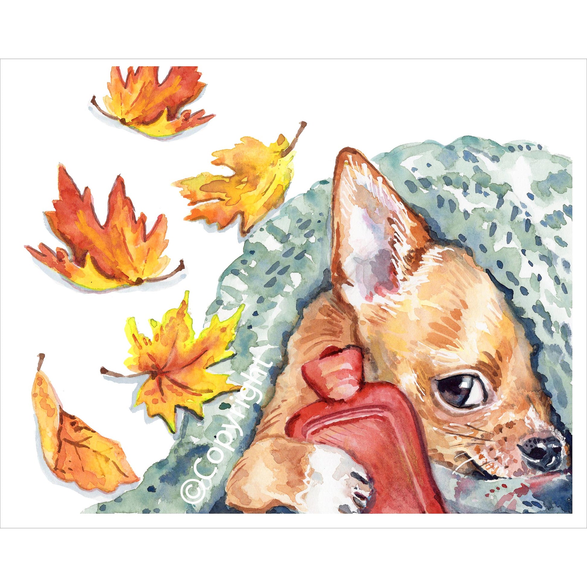 Illustration of a small dog hiding under a blanket with a hot water bottle and autumn leaves
