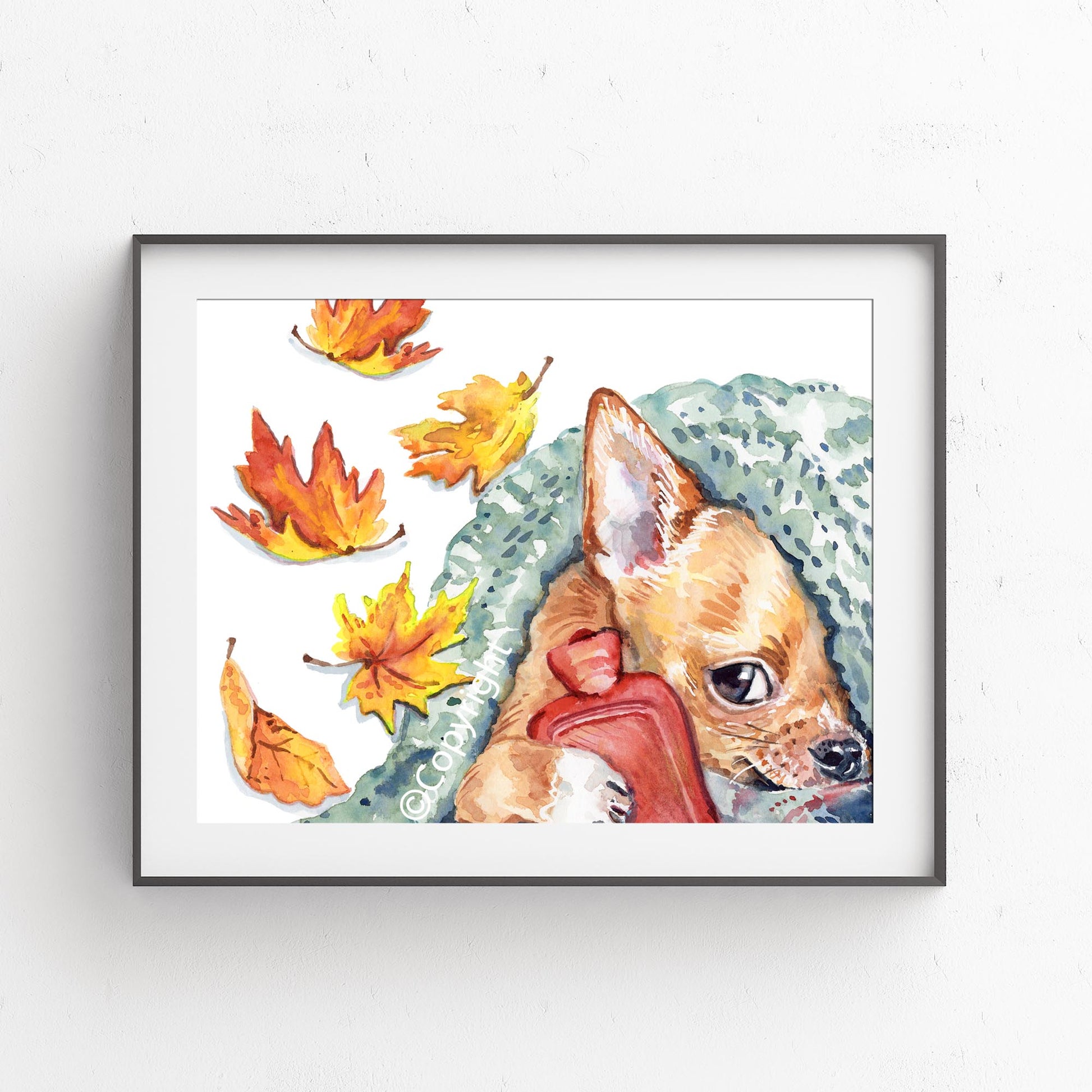 Illustration of a small dog hiding under a blanket with a hot water bottle and autumn leaves