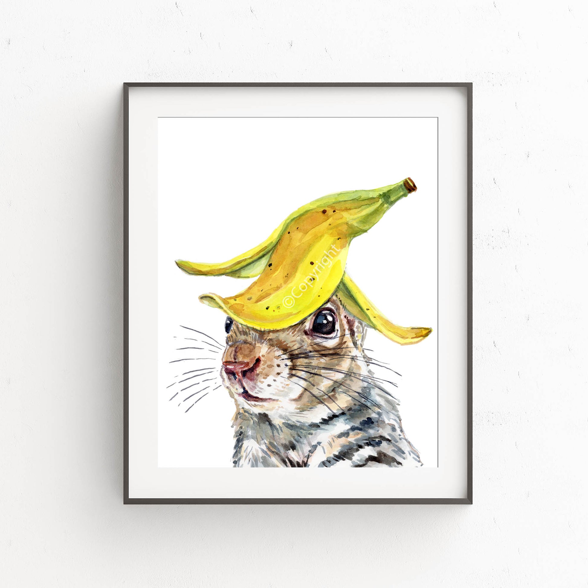 Framed artwork of a squirrel wearing a banana hat on a white background
