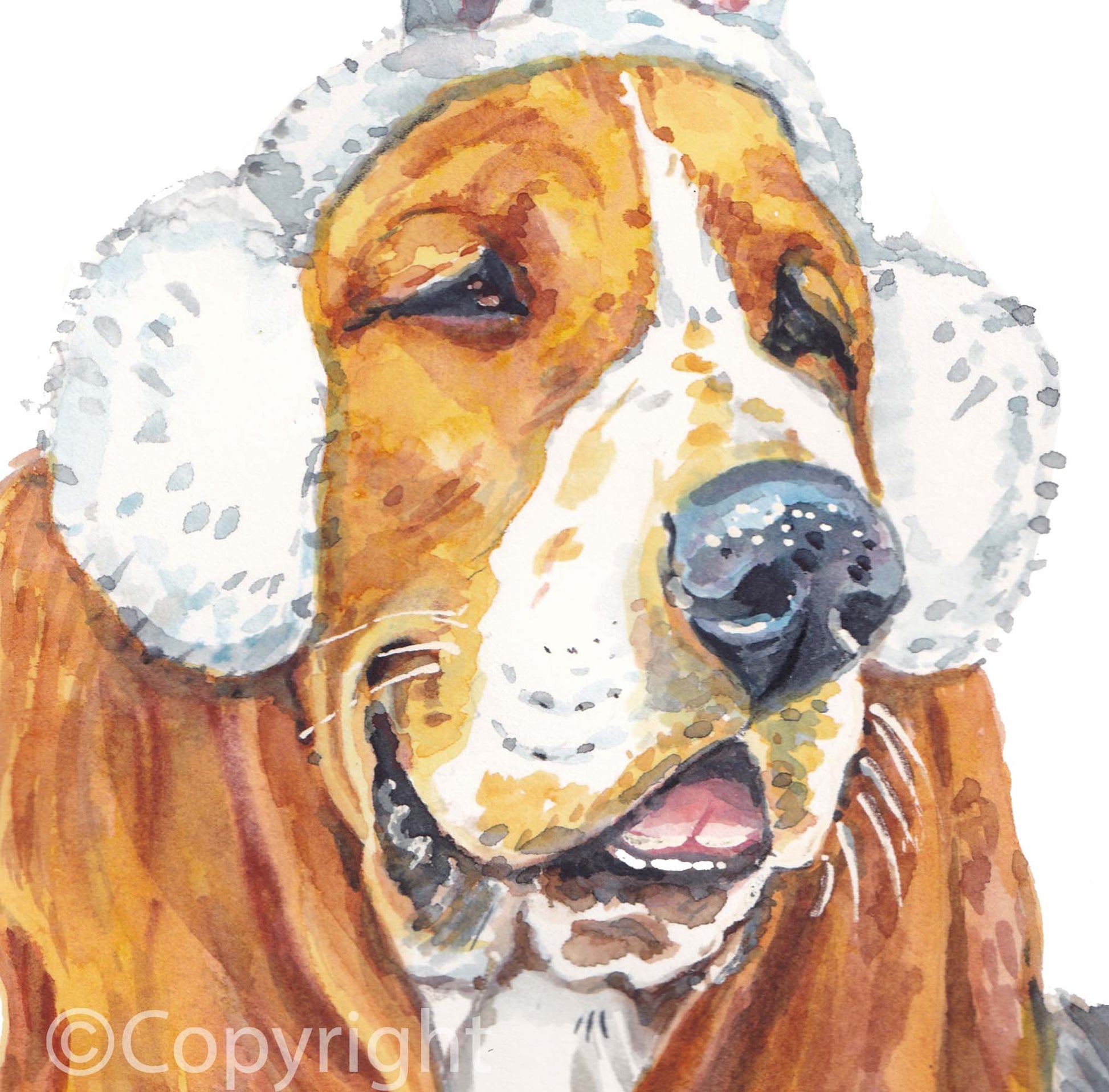 Watercolour painting of a Bassett hound dog wearing a set of ear muffs topped with bunny rabbit ears