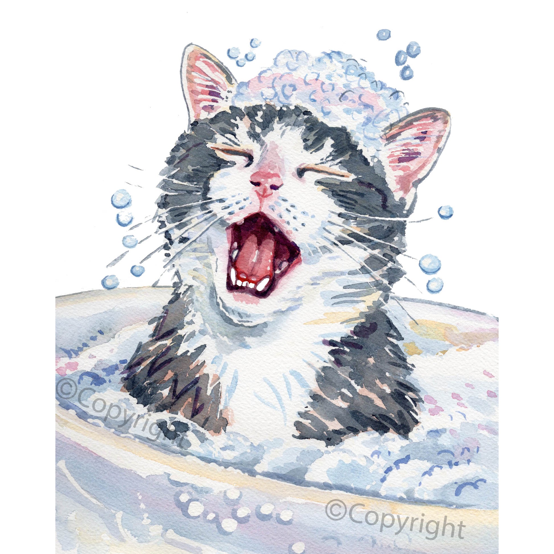 Illustration of a grey and white cat in a bath with water droplets and bubbles.