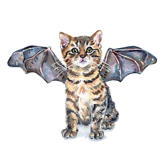 Watercolor illustration of a small brown tabby kitten with bat wings spread on both sides, centered on a plain white background.