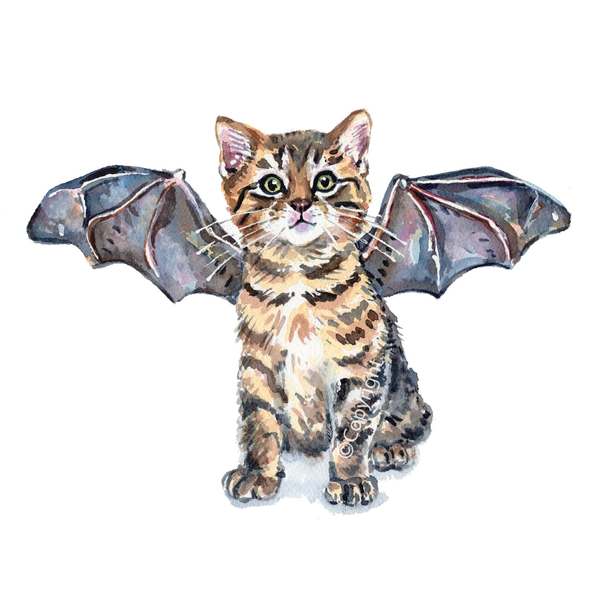 Original watercolour painting of a brown tabby kitten cat wearing bat wings