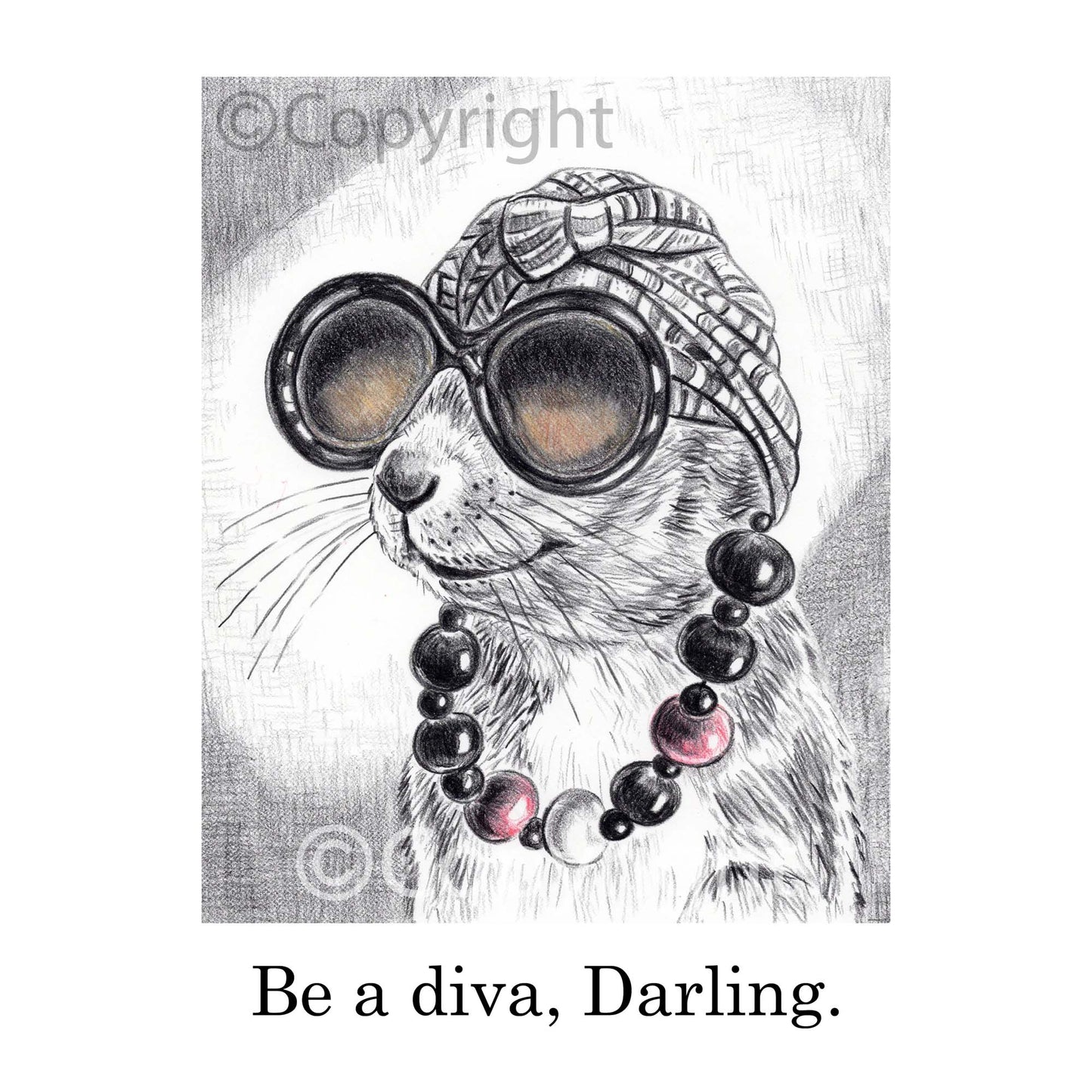 Crayon drawing of a Diva squirrel wearing a vintage turban and oversized glasses. Art by Deidre Wicks