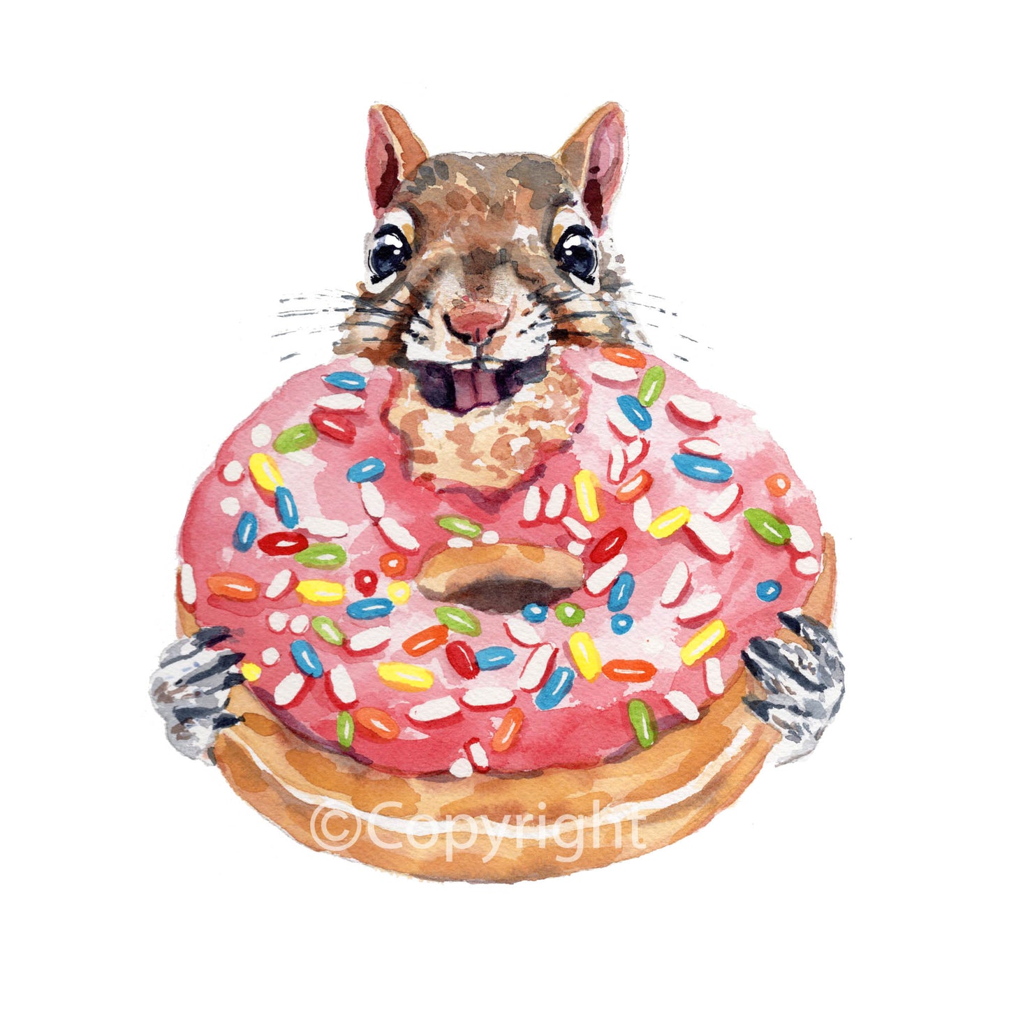 Watercolour illustration of a squirrel eating a donut with pink icing and colorful sprinkles on a white background.