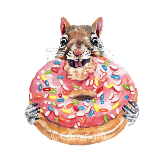 Watercolour illustration of a squirrel eating a donut with pink icing and colorful sprinkles on a white background.