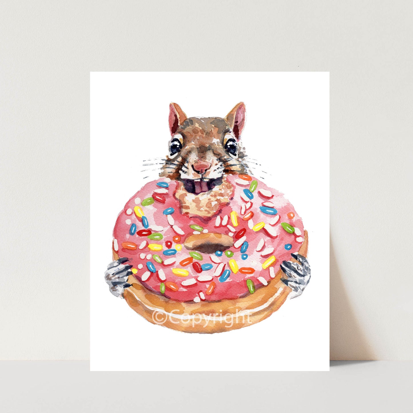 Illustration of a squirrel holding a pink donut with sprinkles on a white background