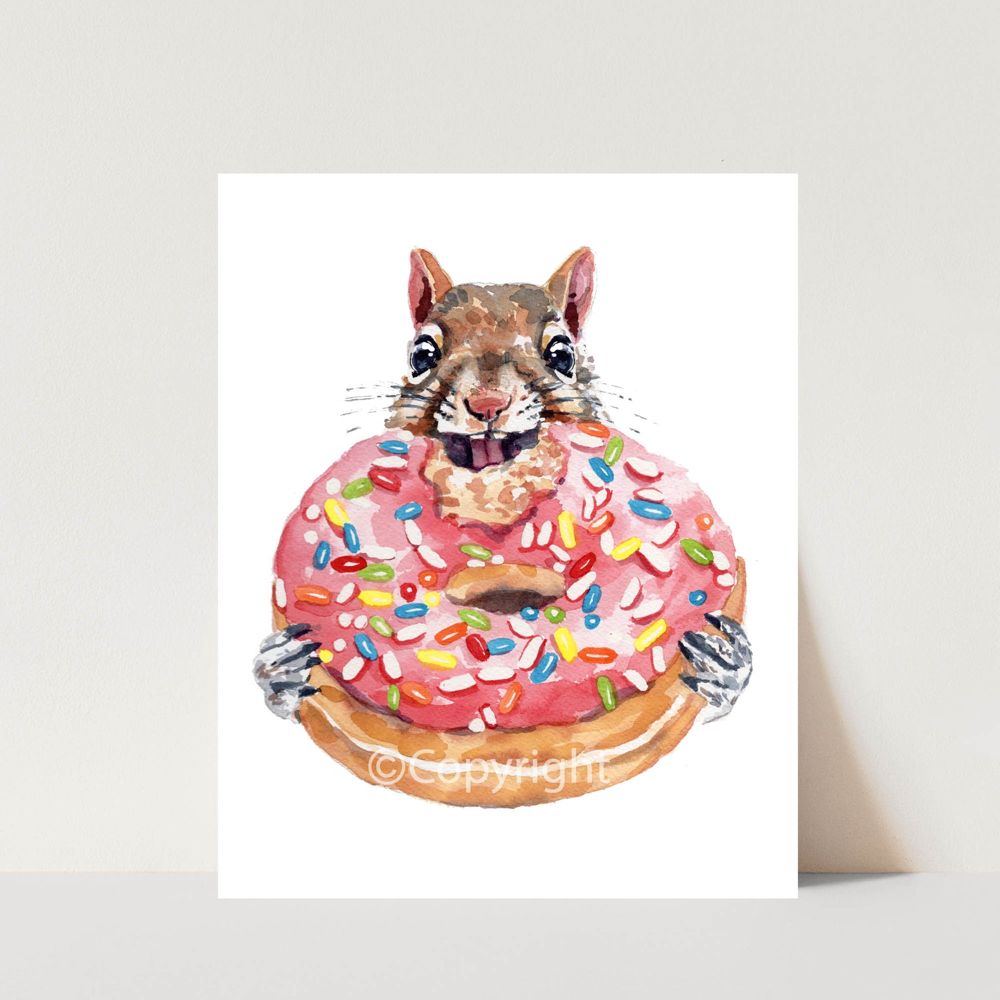 Illustration of a squirrel holding a pink donut with sprinkles on a white background