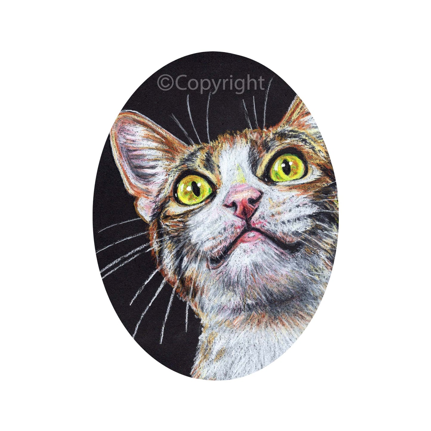 Crayon drawing of a calico cat looking up. Formated as an oval with a black background