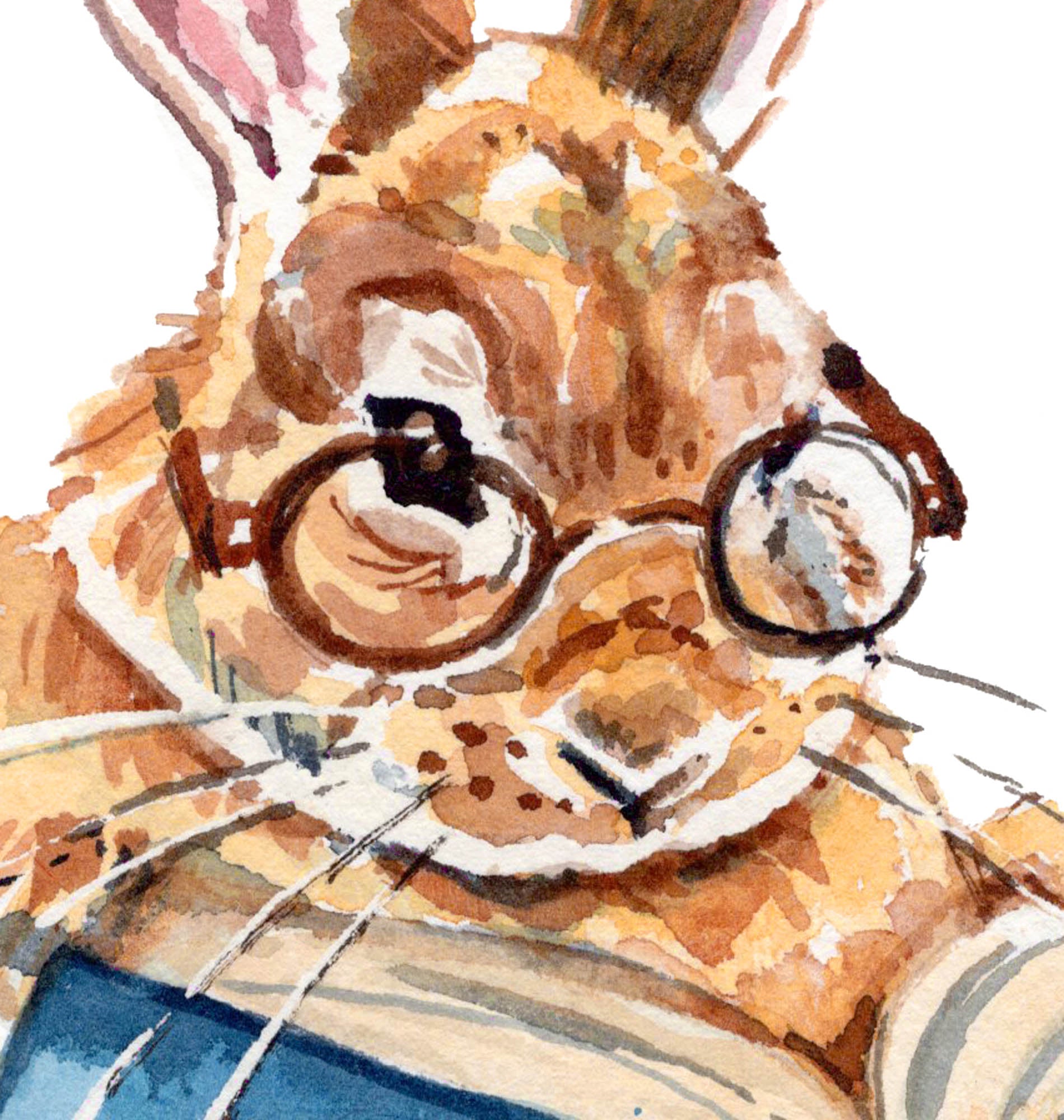 Watercolor illustration of a rabbit wearing glasses with a white background